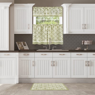 Two Tone Design Tier Panels and Valance Set with Eco Friendly Floor Mat, Green
