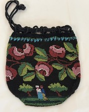 ANTIQUE 19th C MICRO BEADED ROSES COUNTRY SCENIC PEOPLE PURSE DRAWSTRING