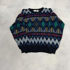 Vintage Abstract Knitted Jumper Patterned Grandad Knit Sweater Men's L