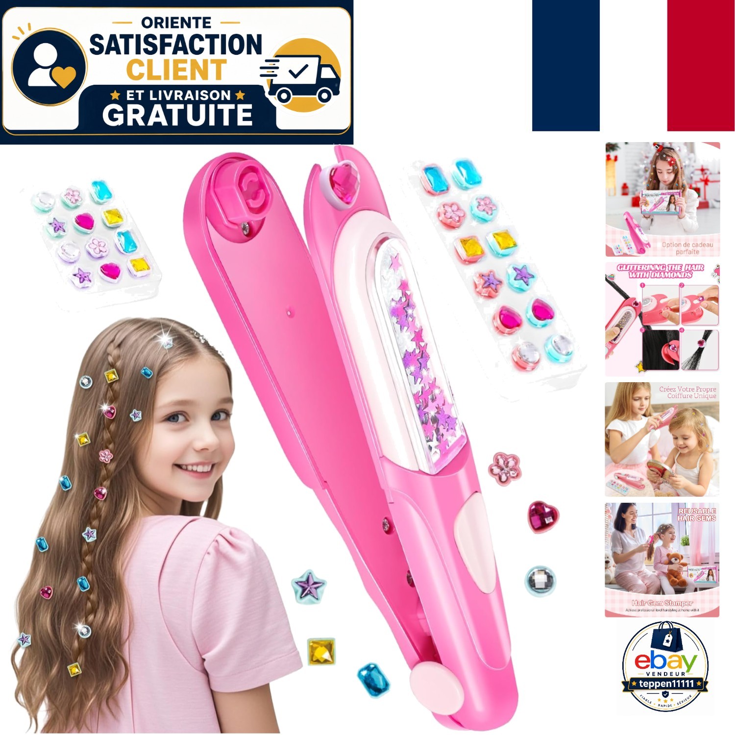 Kit Coiffure avec Tampon de Gemmes Cheveux Filles, Jouet Créatif Strass Paillettes et Accessoires