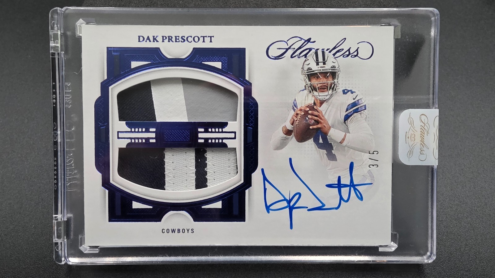 2022 DAK PRESCOTT FLAWLESS DUAL TRI-COLOR JERSEY PATCH AUTO SAPPHIRE 3/5 DPA-DP view 2