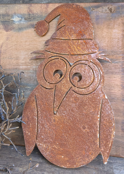 ❤️ Zaunfigur Zaunhocker Eule MüTze Edelrost Rost Gartenfigur Weihnachten ❤️-image