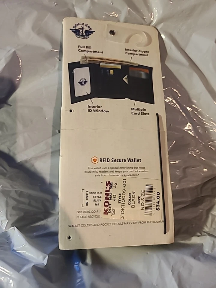 Dockers Mens RFID Coated Leather Trifold Wallet Zipper Closure 6 Card Slot Black - Image 2 of 4