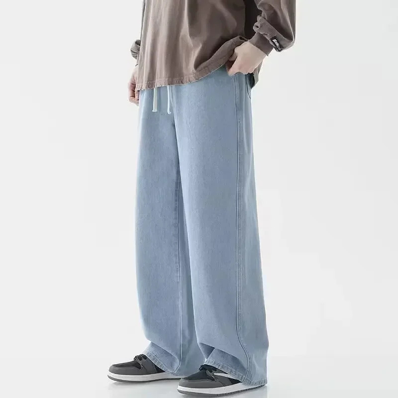 2025 New Korean Men Casual Long Straight Jeans Wide Leg Denim Pants Solid Color