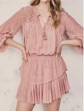 LoveShackFancy Marsala Pink Mini Dress Tiered Tie Smocked Long Sleeve Ruffle M