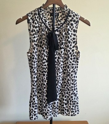 Jungle Animal Leopard Cheetah Print Sleeveless Top Blouse with Ascot Womens L