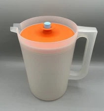 Tupperware Pitcher Vintage 1676-3 Clear W/ Blue Push Button Orange Lid