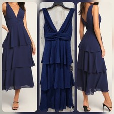 LULUS Celebration Time Navy Blue Sleeveless Tiered Midi Dress Size SMALL**NEW**