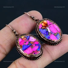 Natural Kingman Pink Dahlia Turquoise Gemstone Copper Dangle Earrings Jewelry