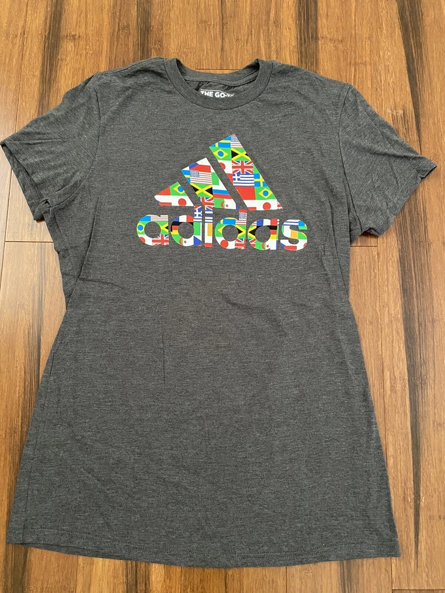 Adidas Logo World Flags Graphic Go To Tee Women s T shirt Gray New M Medium Top