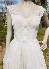 50s Vintage Lorrie Deb Ivory Lace Tea Length Wedding Dress Size XS/S