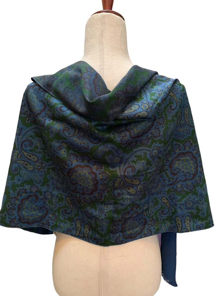 Vtg Scarf French Woven Wool & Silk Royal Blue Brocade Paisley Fringe 22x50 PARIS - Image 2 of 4