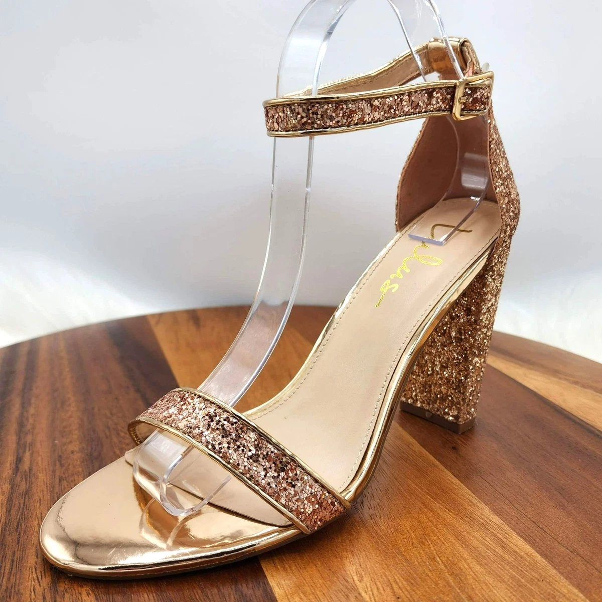 Lulus Taylor Block Heels 10 Rose Gold Glitter Ankle Toe Strap Wrapped Classic