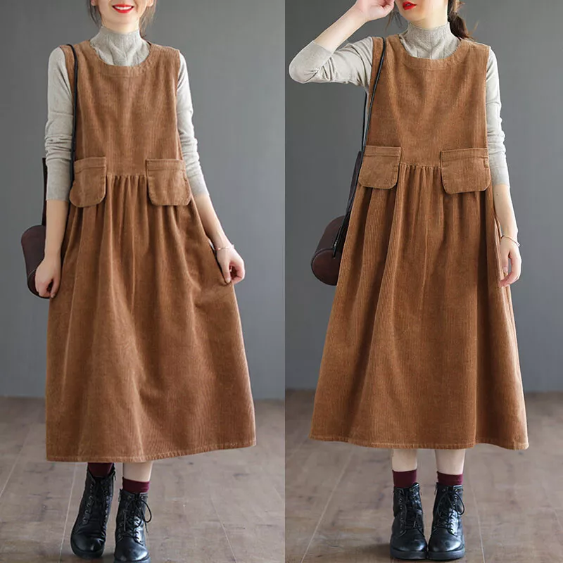 Retro Womens Corduroy Long Dress Loose Sleeveless Jumper Skirts Overalls Dress
