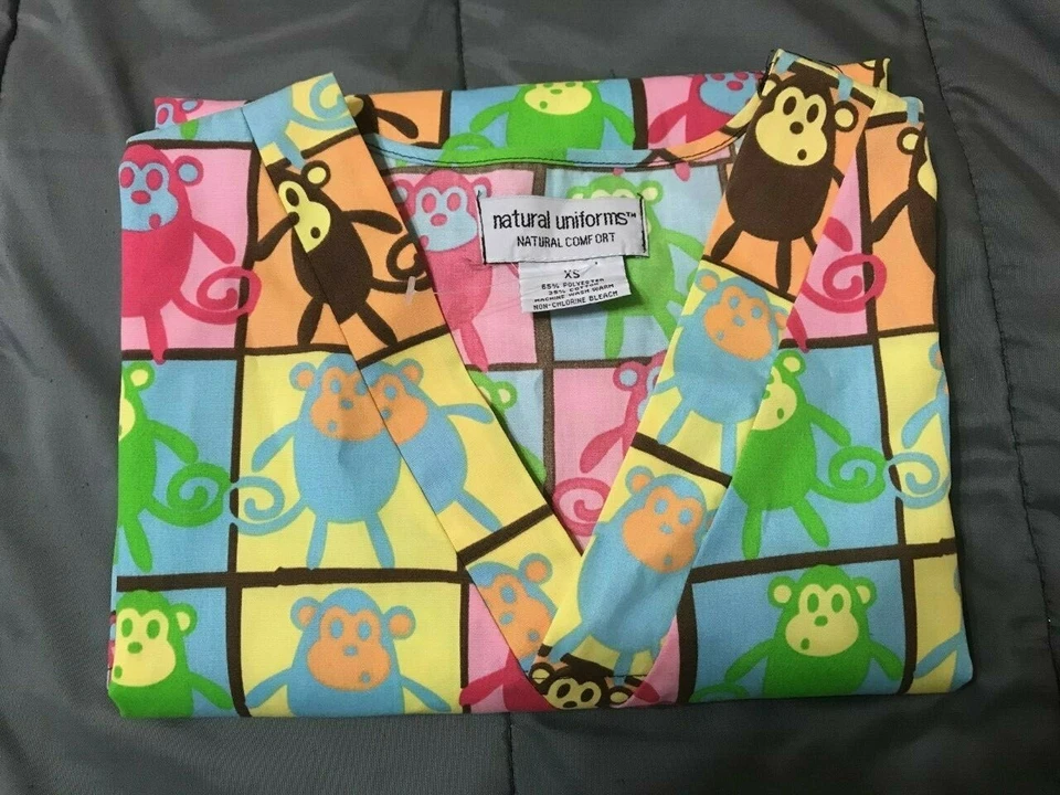 NWOT Funky Monkey Animal Print (Multi-Colored Monkeys) Scrubs V Neck (XS) - Image 3 of 4