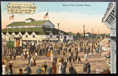 1912 Spokane Interstate Fair Postcard Exhibit Hall Crowds Washington