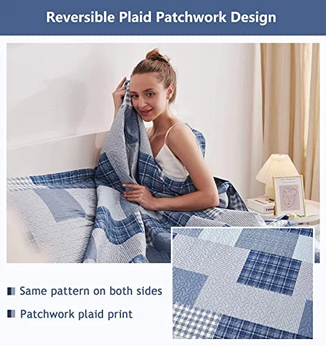 Juego de edredón king tamaño king juegos de cama a cuadros 3 piezas azul marino reversible Foto 2 de 4