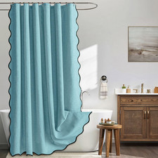 Teal Scalloped Shower Curtain Linen Textured with 12 Metal Hooks Cute Heavy Duty