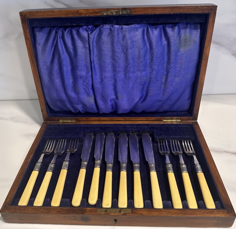 Antique Fish Set Engraved Silver-plate in Wooden Box W Brass Detail Set Of 6