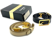 Auth Chanel Vintage Leather Belt Set Black Beige CC Logo Hardware W/Box i010519