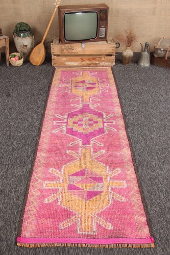 3x9,9 ft Turkish Runner Rug, Pink Yellow Vintage Solid Wool Rug