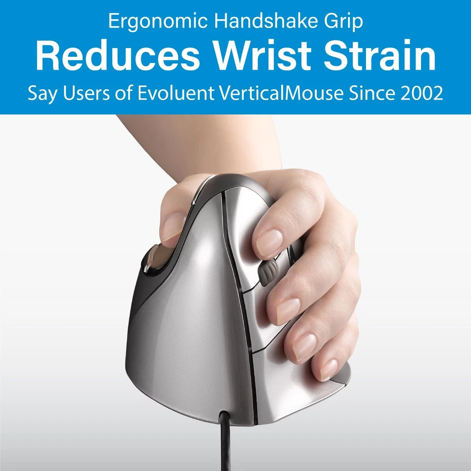 Evoluent Vertical Mouse Usb Wired Ergonomic Hand Support Precision Grey Silver - Image 2 of 4