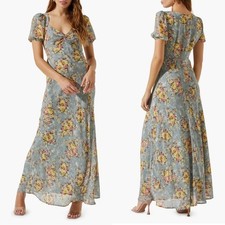ASTR The Label SLATE Yellow SWEETHEART NECK Floral TWIST BUST Maxi DRESS XS