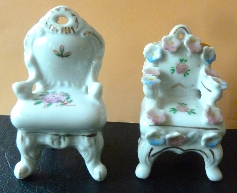 Two Vintage Gorgeous Porcelain Victorian Chairs with Gold Trim and floral design