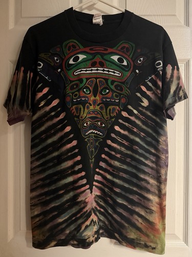 Vintage Rare 90s Fruit of the Loom Tie Dye Totem Art USA Graphic T-Shirt (L)