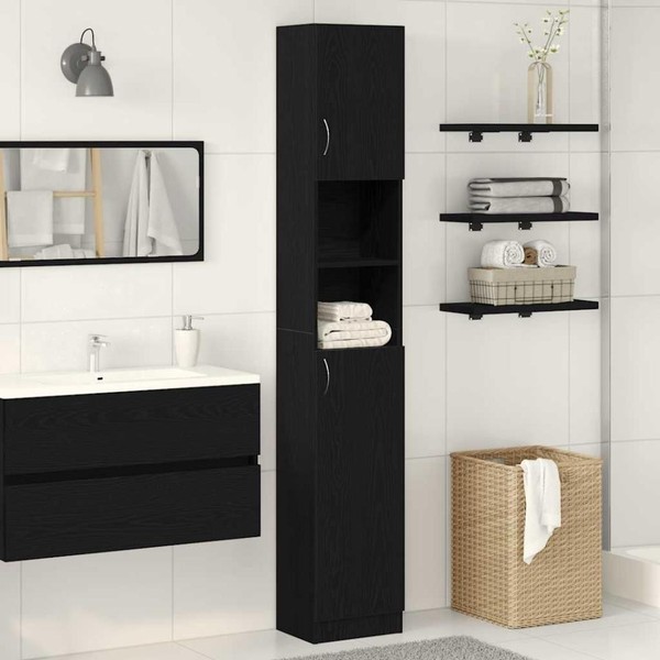 Badschrank Schwarz Eichen-Optik 32X25,5X190 Cm Holzwerkstoff-image