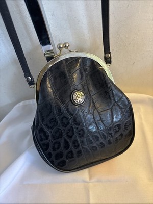 Vintage Monique Croc Pattern Frame Kisslock Black Crossbody Bag Trendy Retro