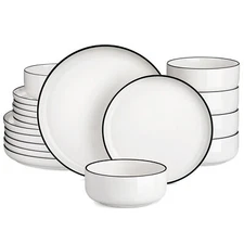MALACASA 18-Piece Bowl & Plate Set Porcelain Dinnerware Set Black Trim Tableware