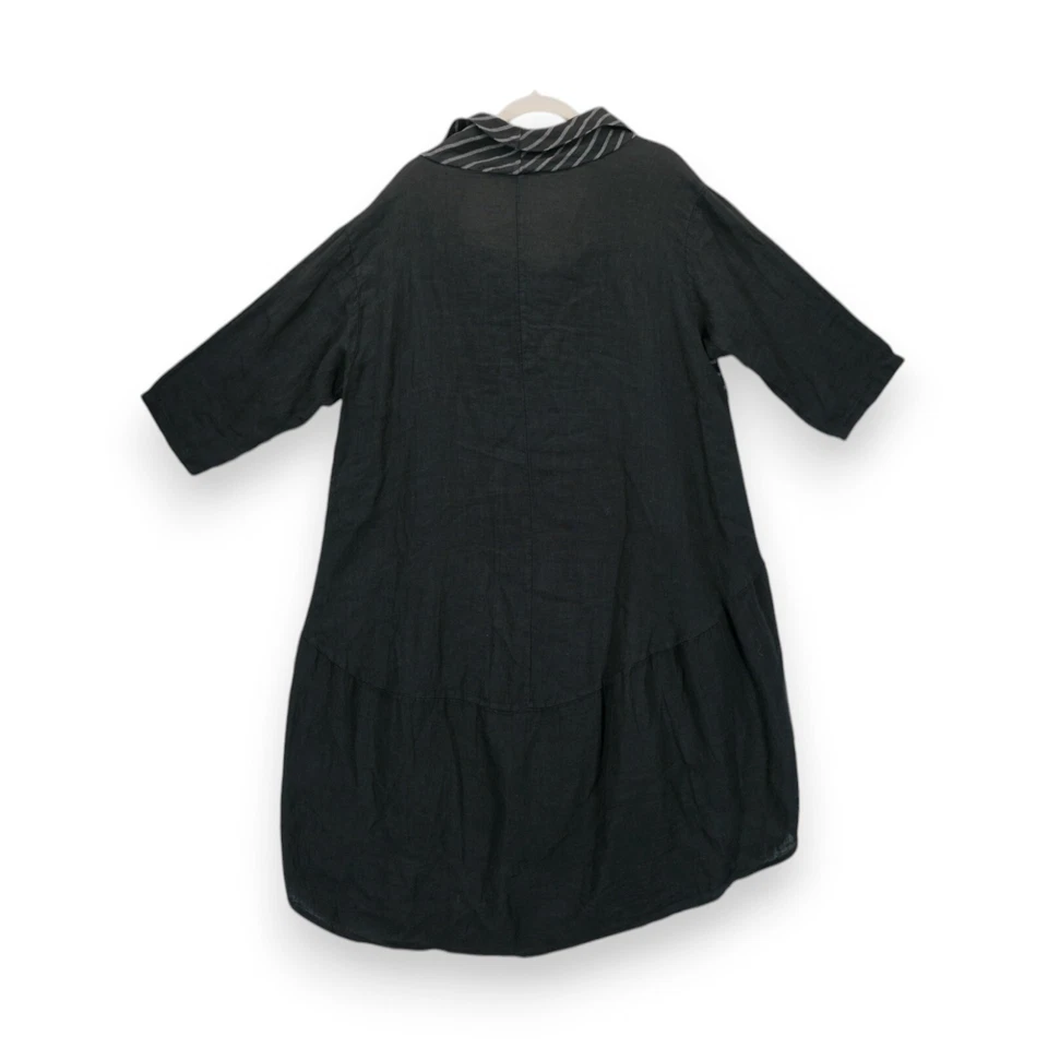 Vestido Italiano 100% Lino Negro Media Manga Rayas Bolsillos/Cuello, Pecho: 46" Foto 2 de 4