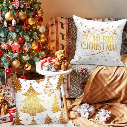 White and 12x12 Christmas Pillow Covers Set of 4, 12