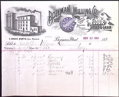 1894 Bozeman Milling Co Royal Economy Reliance 7''H Billhead Bozeman MT