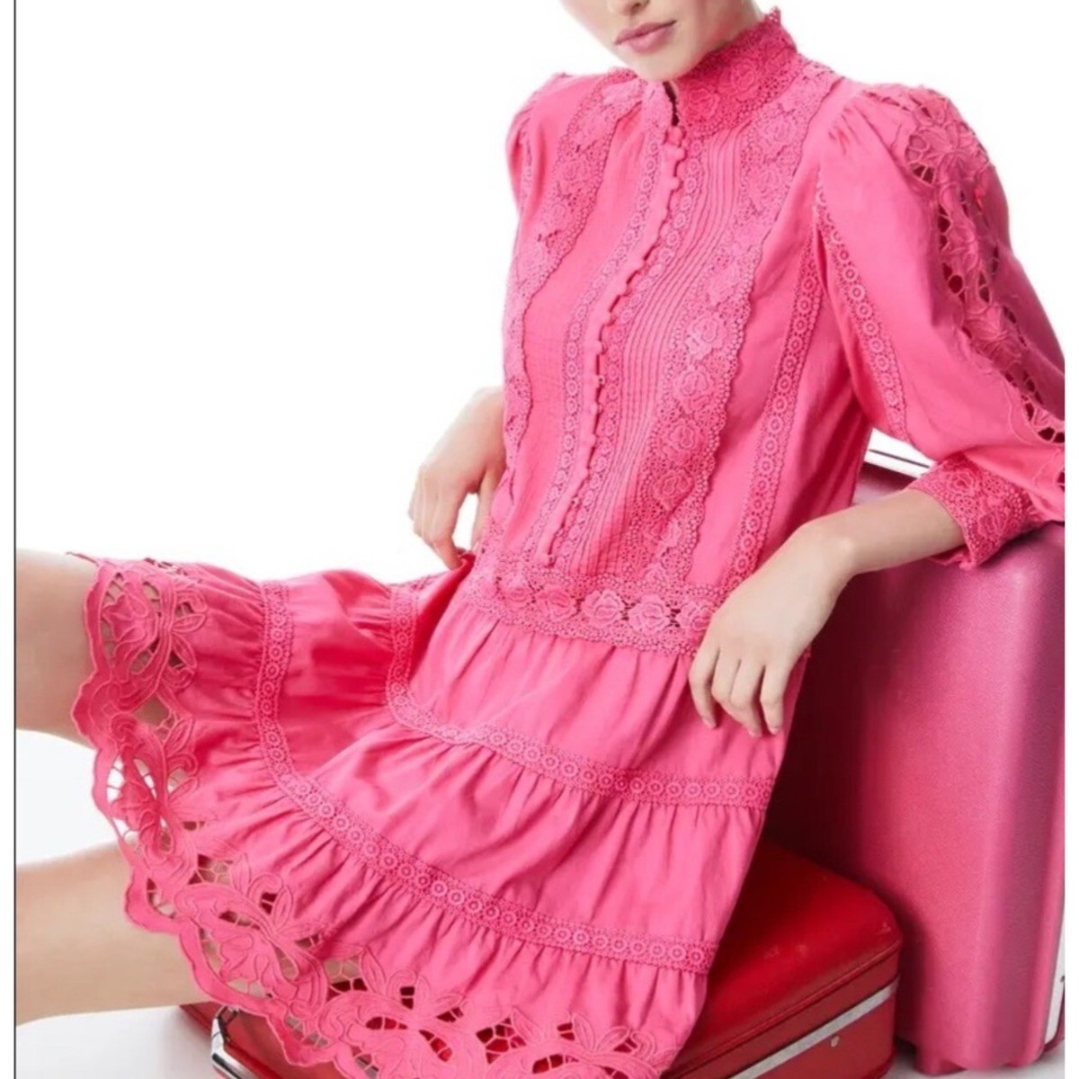 alice and olivia clark embroidered dress Alice And Olivia Clark Embroidered Tiered Dress In Pink