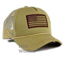 USA American Flag Hat Foam Cap Mesh Trucker Snapback Baseball Cap- Khaki Beige