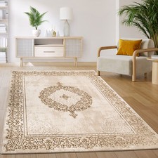Tapis Salon Chambre Vintage Oriental Motif Abstrait Beige Blanc
