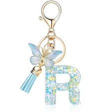 Fashion Alphabet Initial Letter Keychain Tassel Blue Butterfly Letter R