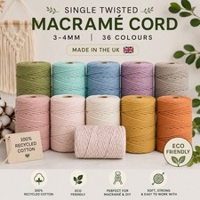 Macrame Cotton Cord 3-4mm Single Twisted Rope Recycled Made in UK Spools