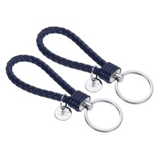 Braided Leather Keychain with Stainless Steel Key Ring Sleeve, 2 Pack Dark Blue