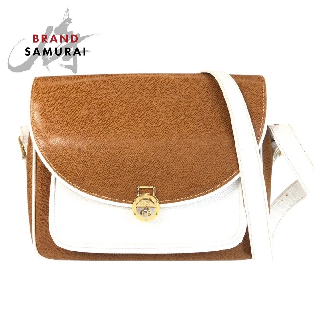 Gucci Vintage Ancien Sac à Bandoulière Cuir Marron Blanc Or Quincaillerie Messenger pour W