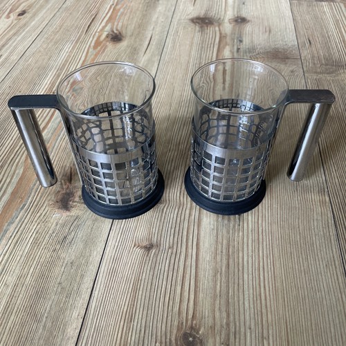 Pair Of Alessi Style Stainless Steel/Glass Coffee Mugs