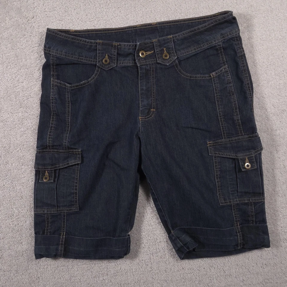 Pantalones Cortos Riders Denim Carga Para Mujer 10 Medianos Lavado Oscuro Elastizados Utilidad Bolsillos Foto 3 de 4