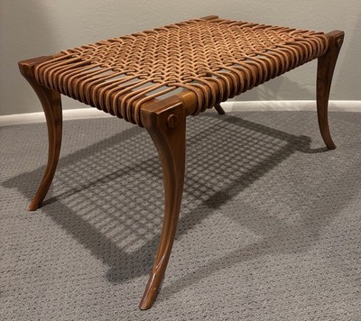 Mid century Klismos Robsjohn Gibbings style leather rope bench