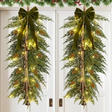 2 Pack 36" Large Christmas Teardrop Swag with Lights Velvet Bell Bow and Faux...
