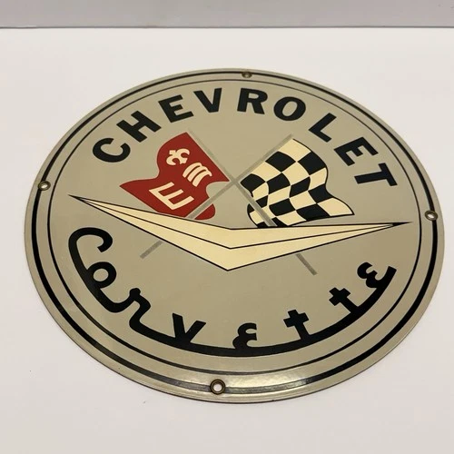 VINTAGE Round Metal CHEVROLET Corvette Sign Man Cave Signage Porcelain