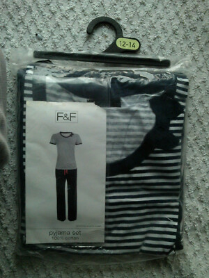 F&F ladies navy/white 100% cotton jersey short-sleeved pyjamas