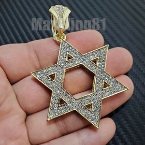 Authentic Iced Cubic Zirconia Gold Plated Star of David Charm & Cuban Chain Necklace