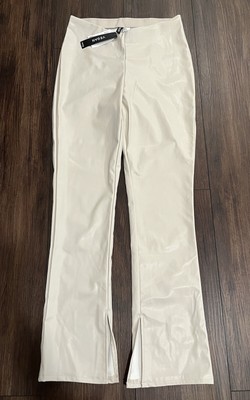 NWT H&M Divided Vegan Faux Leather Pants Womens Medium Cream Split Hem Bootcut